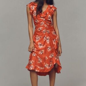 Anthropologie Orange Floral High Low raunched Dress